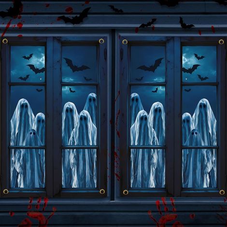 Décorations d'Halloween pour fenêtres : rideaux, guirlandes, fanions pour une fête d'Halloween en extérieur (2 pièces) - 80 x 120 cm - NG-20
