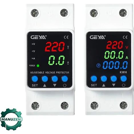 Manuzen - Protecteur surtension et sous-tension 63 A 220 V – rail DIN – 2P – Tension + courant + énergie (kWh) (1/5)
