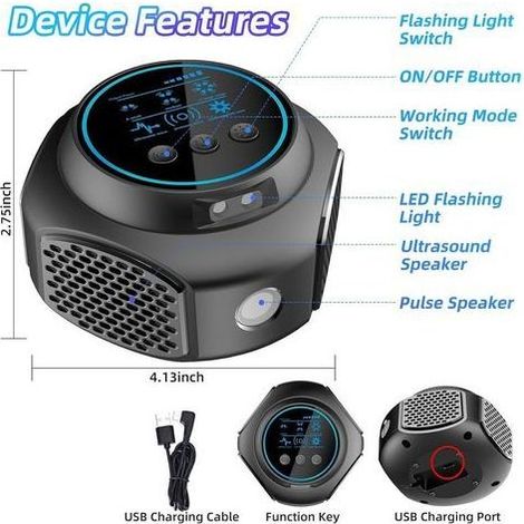 Répulsif à ultrasons 360° pour rongeurs avec lumière LED, efficace contre les rats, les souris, les campagnols et les loirs. (1/5)