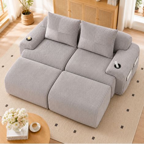 Modulares 2 Sitzer Sofa (200x174x80 cm), mit Cupholder und Seitentasche, Cord, Hellgrau (1/5)