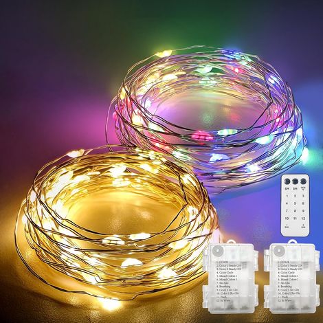 Lot de 2 guirlandes lumineuses à piles - 5 m - 50 LED - Micro guirlande lumineuse pour l'extérieur et l'intérieur - Avec minuterie, télécommande, 12 modes - Intensité variable - Fonctionne (1/5)