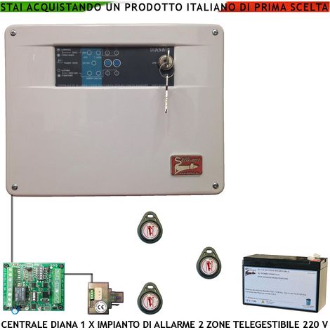 Diana 2 Zone Centrale Allarme per Impianto Antifurto Filo Tre Chiavi TAG 2 Meccaniche Batteria 12 V 7,2 Ah Gestisce Sensori Ingresso Comando Remoto o Telegestione Uscita Controllo Sirene e Combinatore (1/4)