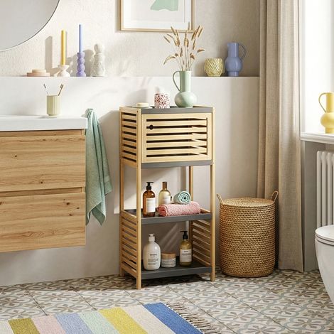 Scaffale da Bagno Kydesby in Bambù con 2 Ripiani Aperti e Scomparto ad Anta 83 x 39 x 30 cm - Naturale / Grigio [en.casa]