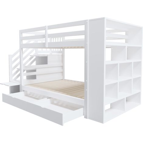 Lit mezzanine 90 x 200 cm avec escalier de rangement, tiroirs, étagères, pin, blanc (1/5)