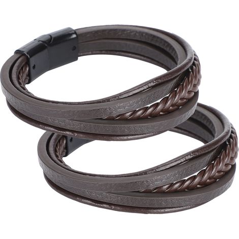 2Pcs Casual PU Leather Bracelet Woven Magnet Clasp Vintage Fashion Craft DecorationBrown Leather Black Buckle (1/5)