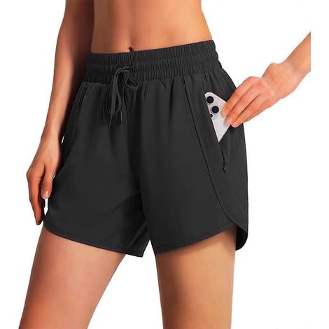 Laufshorts für Damen ab 1,52 m Körpergröße, mit 2 Reißverschlusstaschen, leicht, schnelltrocknend, für Fitnessstudio und Training, Sportshorts für Damen, schwarz (1/5)