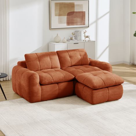 Canapé d'angle modulable 2 places, sans bâti, housse en velours côtelé matelassé à carreaux, base anti-glisse, assemblage simple, livré avec 1 repose-pieds, parfait pour séjour et studio, teinte orang (1/5)