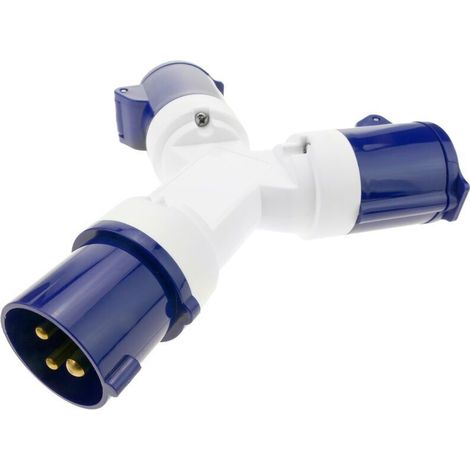 Adattatore maschio CEE a 2 prese femmina 2P+E, 16 A, 250 V, IP44, standard IEC 60309, per cantieri edili e uso esterno.