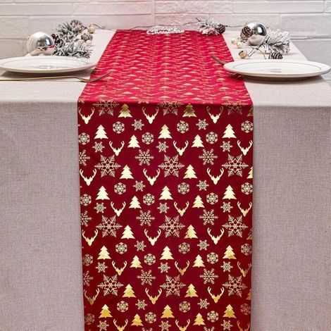 JSSEVN - Christmas Decorations Table Runner Christmas Deer Fabric Warm Gold Velvet Polyester Cotton New Year Table Flag Printed (1/4)