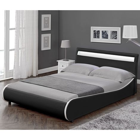 Letto Matrimoniale Imbottito Curvo 180x200 cm Testiera Alta con Illuminazione a LED Similpelle Nero Corium