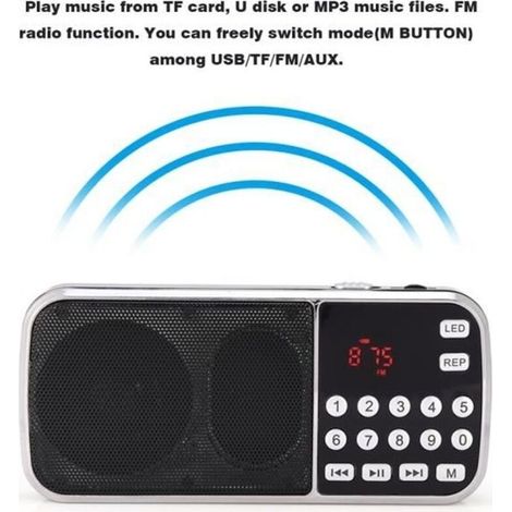 (Black)FM Radio, Portable Digital Music Player, LED Speaker, Flashlight Support FM Radio TF Card USB AUX-DUO (1/4)