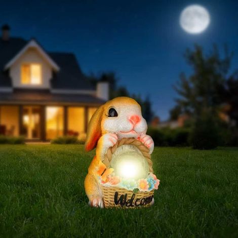 Statue solaire lapin panier fleuri en résine, boule LED étanche autonomie 8 à 10h, décoration d'entrée jardin pelouse et terrasse (1/5)
