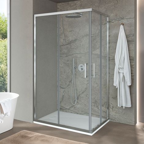 Box doccia angolare 140x150 con doppia porta scorrevole in vetro trasparente Ted