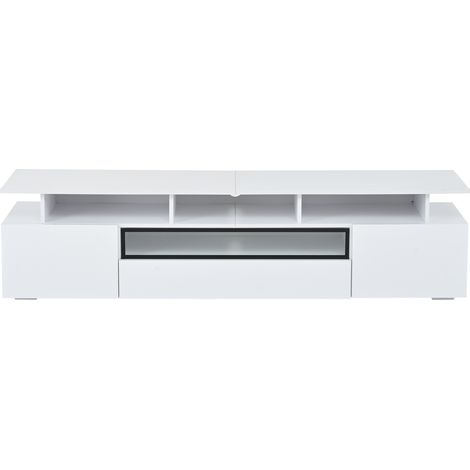 Meuble tv 180x38x45 cm noir brillant avec led, 2 portes, 1 tiroir et 10 rangements, pour écran jusqu’à 75 pouces (1/5)