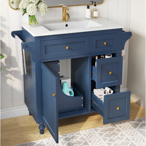 REDOM -Mobile lavabo da bagno 99.5x45x86 cm, 2 cassetti, ripiano estraibile, porta asciugamani, MDF blu (1/5)