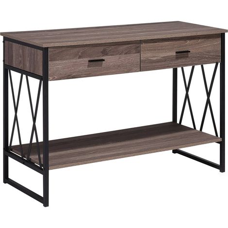 Mesa auxiliar de madera gris pardo estructura de metal negro 2 cajones estante tocador industrial Ayden