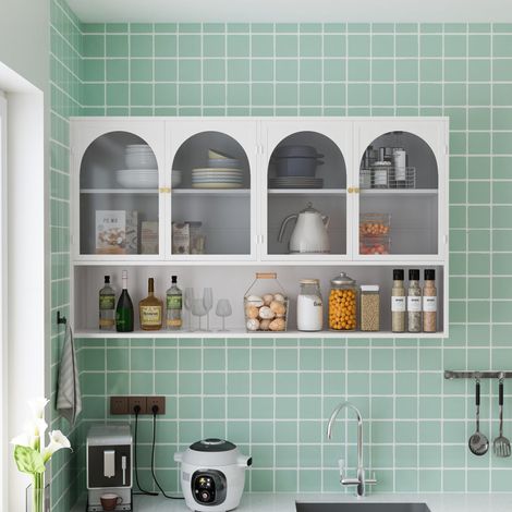 Armario de pared de cuatro puertas con cristal, 120 cm, cristal gris, para cocina, salón, baño, blanco (misma referencia: W2552P246539) (1/5)
