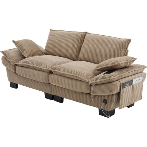 Canapé modulaire en velours côtelé 2 places avec large assise, design ergonomique, rembourrage en mousse haute densité, port USB-C et poches latérales. Idéal pour salon, bureau ou espace lounge. Kaki (1/5)
