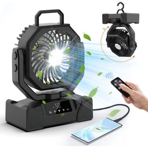 Ventilateur de camping 20 000 mAh. Ventilateur portable rechargeable à 5 vitesses. Ventilateur USB silencieux avec lumière LED. Télécommande et crochet inclus. Noir. (1/5)
