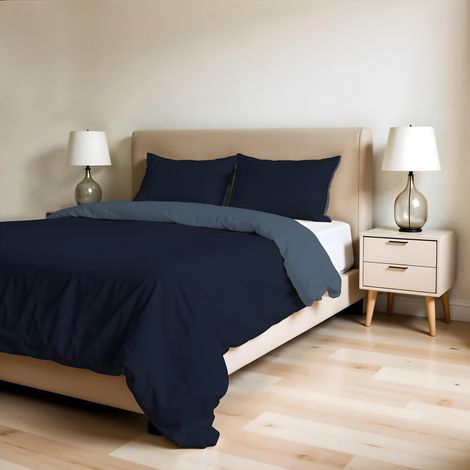 Housse de Couette Double, Uni Doubleface, Parure de Couette, avec Housse de Couette 250x200cm avec Rabat 50cm + 2 taies d'oreiller 50x80cm Bleu Marine/Bleu (1/5)