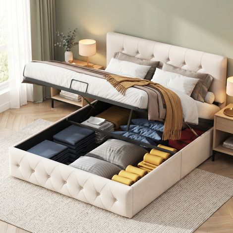 Cama canapé abatible 140x200 cm - Cama doble de adulto con somier de láminas, respaldo acolchado y cabecero regulable - Terciopelo - Beige (1/5)
