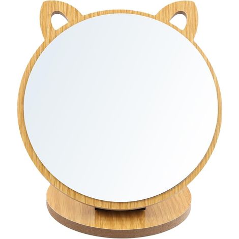 Cat Ear Shape Mirror - Foldable Table Top Mirror with Wooden Base, Round Make-Up 19 x 17 cm, Definition for Cosmetics