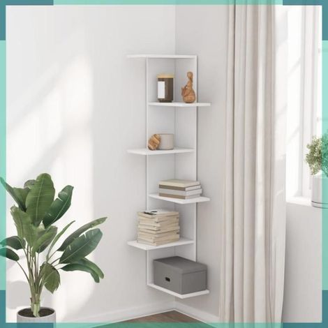 Étagère d'angle murale - 852627 - blanc - 36,5x36,5x140 cm - bois d'ingénierie (1/5)
