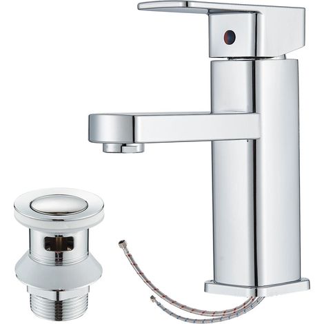 Robinet Lavabo Mono - Débit et Température Réglables par Levier Unique - Evacuation Intégrée - Fixation Encastrée Sur Plan de Travail - Hauteur Totale 175 mm - 1 Pièce