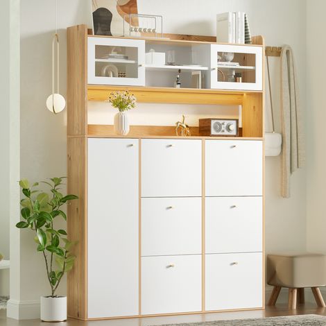 Schuhschrank 130x25x180 cm aus Holzwerkstoff und Glas, Weiß/Natur, platzsparend – MEUBLIV (1/5)