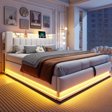 Lit coffre 180x200 LED USB rangement beige HAVRYA (1/5)