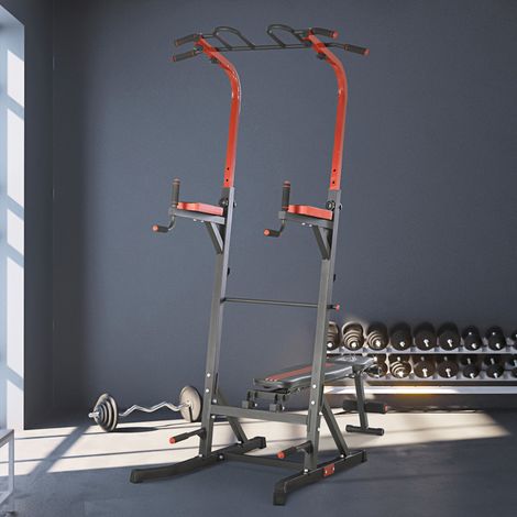 HOMCOM Estación de Musculación Torre de Entrenamiento con Altura Ajustable y Respaldo Regulable en 5 Posiciones Barra de Dominadas Fitness Flexiones Acero 108x178x202-238 cm Negro