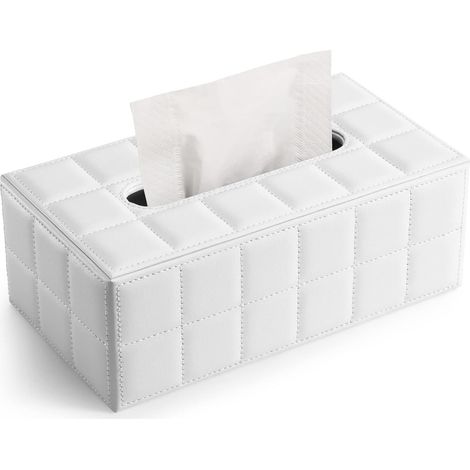 Boîte à mouchoir rectangulaire en cuir blanc, simili cuir blanc couvercle coulissant rigide, salon bureau table de chevet. (1/5)