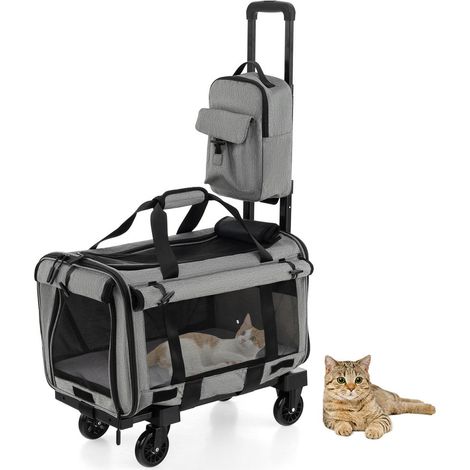 Sac de transport animal pliable avec roulettes, maille ventilée 3 côtés, tapis double face pour les trajets (1/5)