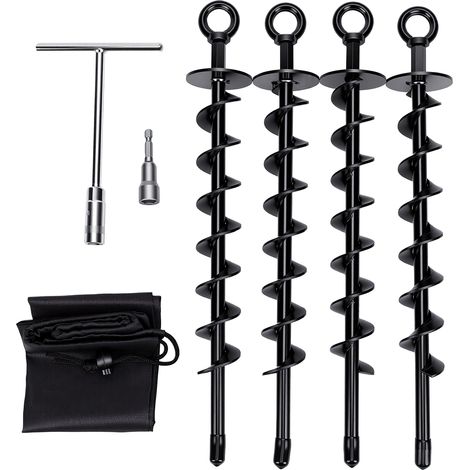Lot de 4 Ancrages de Sol Spiralés 38 cm (15") – Piquets Renforcés en Acier – Clé en T, Embout & Sac Inclus – Résistance Vent 110 km/h – Pour Tente, Abri, Trampoline, Camping-Car (1/5)