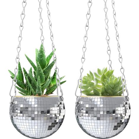 Lot de 2 Pots de Fleurs Disco argentés avec chaîne, 10,2 cm à Suspendre pour intérieur et extérieur