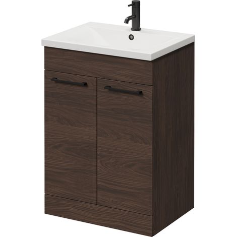 Napoli 460 Brown Oak 600mm 2 Door Vanity Unit with Glide Basin - 600mm - Matt Black 160mm Handle