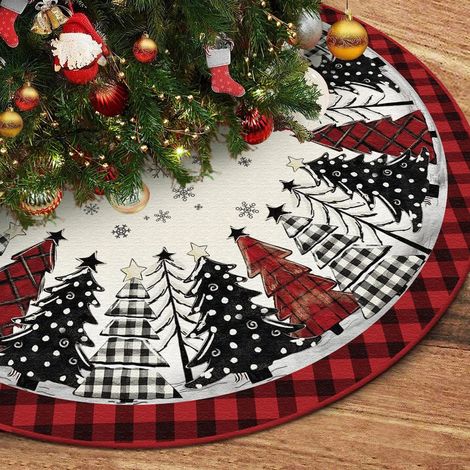 Tapis de sapin de Noël à carreaux rouges de 122 cm (48 pouces), tapis festif pour la maison, les fêtes, le week-end, décoration intérieure et extérieure (1/5)