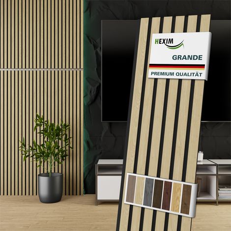 HEXIM Akustikpaneele 140x30cm Wandpaneele Grande Lamellen 0,42m² Holzpaneel Wand 21mm Holz Filz: Light Oak, 1 Paneel - 0.425m² (1/5)