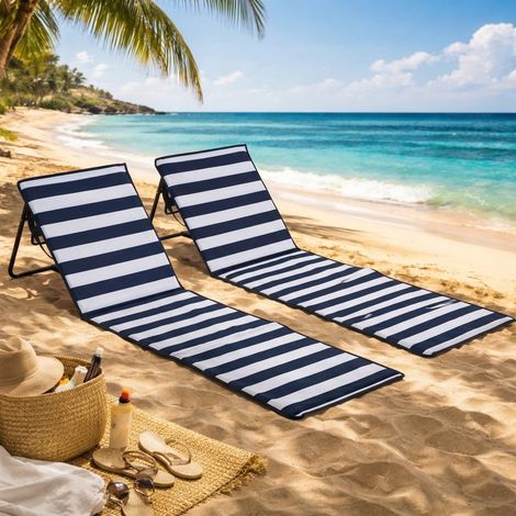 Transat de plage pliable avec dossier réglable, sangle de transport, rembourrage moelleux, structure en acier, bleu et blanc, 142 x 51 x 40 cm