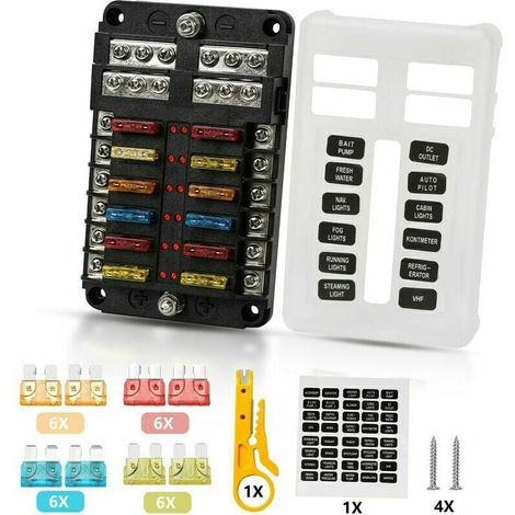 12 Voies Boîte Fusibles,12V Porte Fusible,32V 100A avec 12 Voyants LED Couvercle de Protection étanch,Boîte à Fusibles avec 24 Voiture Fusible à Lame pour Voiture Auto Moto Bateau Marine (1/4)