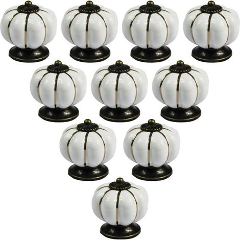 Set mit 10 Vintage-Möbelknöpfen aus Keramik im europäischen Stil in Kürbisform für Kommoden, Schränke und Schubladen, Weiß