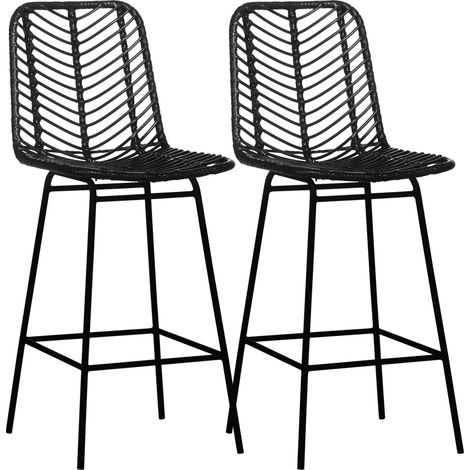 Set aus 2 Barhockern im Bohème-Design, 66 cm hoch, mit Fußstützen aus Metall und PE-Rattan – schwarz