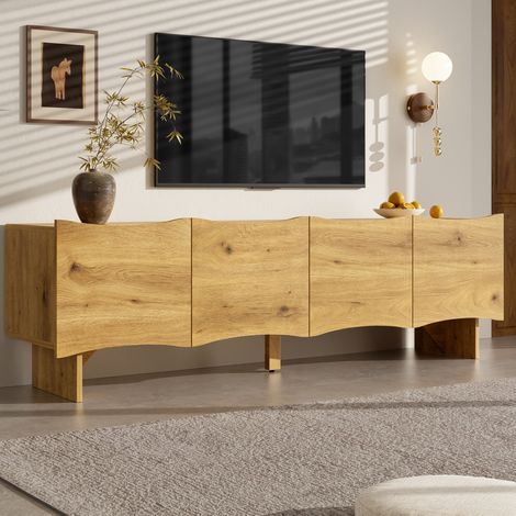 Mueble TV de 155 cm con 4 puertas, pasa-cables y acabado madera natural HAVRYA (1/5)
