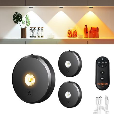 Puck Lights with Remote Control Rechargeable, Wireless Under Cabinet Lighting, 2000mAh Battery Operated Tap Push Touch Lights (Wood Color, 3 Pcs) (Dark Grey, 3 Pcs) (1/5)