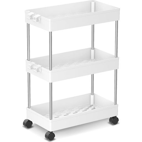 3-stöckiger Aufbewahrungswagen – 1 Stück – Kunststoff und Stahl – Mobil mit Rollen – Küche/Bad – Weiß, 60 x 40 x 22 cm (1/5)