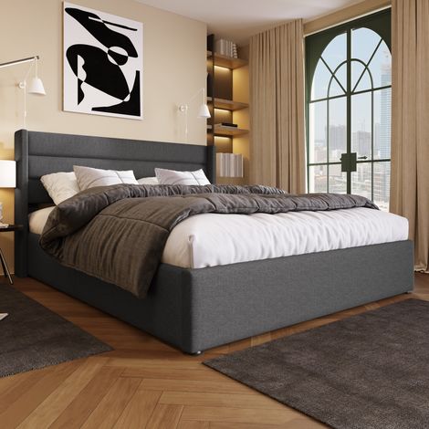 lit coffre 160x200 avec rangement en lin gris HAVRYA (1/5)