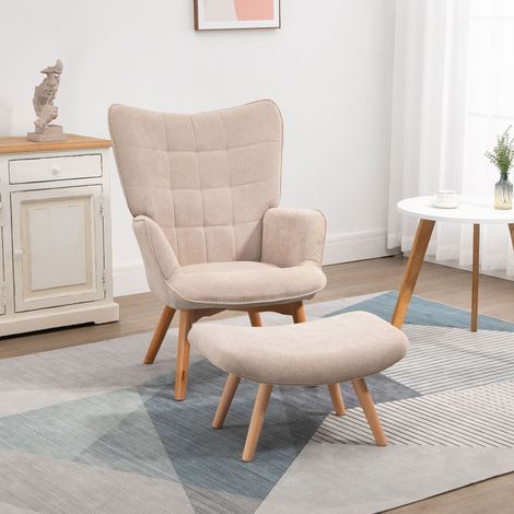 Poltrona relax con poggiapiedi 72x80x101 cm beige in velluto a coste con gambe in legno (1/3)