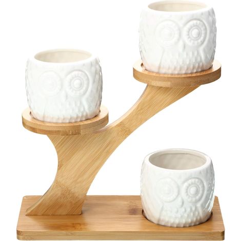 Juego de 3 macetas con forma de búho y soporte de bambú de 3 niveles, ideales para decorar una oficina, una mesa de cocina o cualquier otro espacio de trabajo. (1/5)