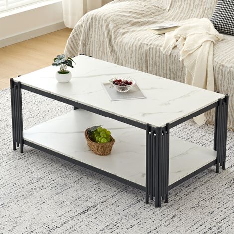 Mesa baja rectangular 114x64x46 cm, mueble de salón con pie de metal, encimera de imitación de mármol, espacio de almacenamiento, blanco y negro (1/5)