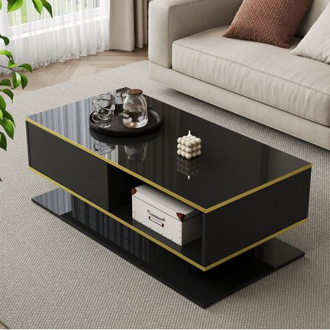 Table basse LED 100 x 50 x 40 cm, 3 tiroirs, rangement ouvert, noir brillant et doré DESVIAE (1/5)